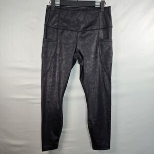 Yogalicious 7/8‎ Crop Ankle Leggings Black Shiny Floral Side Pockets Women's M